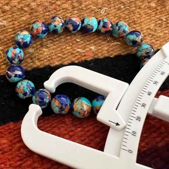 ❤️ Turquoise Spiny Oyster Lapis Composite Stretch Bracelet 12mm Sz 7 Adjustable - Picture 7 of 10